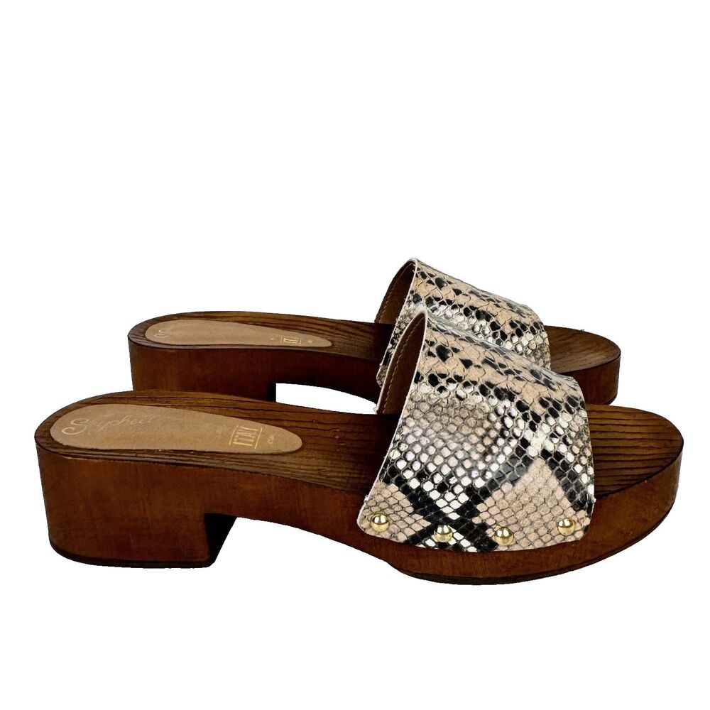 Seychelles Good Spirits Heeled Clogs Neutral Snakeskin Studded Sandals Mules 8.5